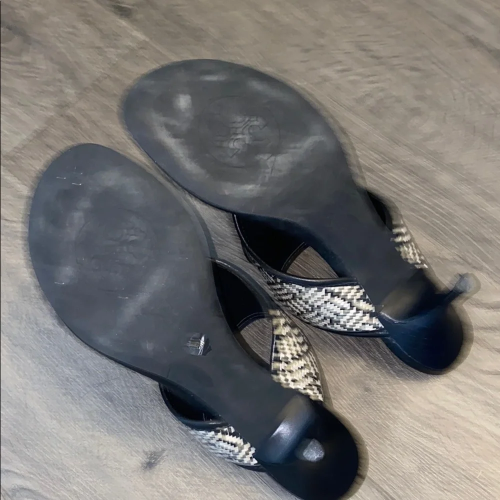 Tory Burch Black and White Woven Logo Thong Sandals